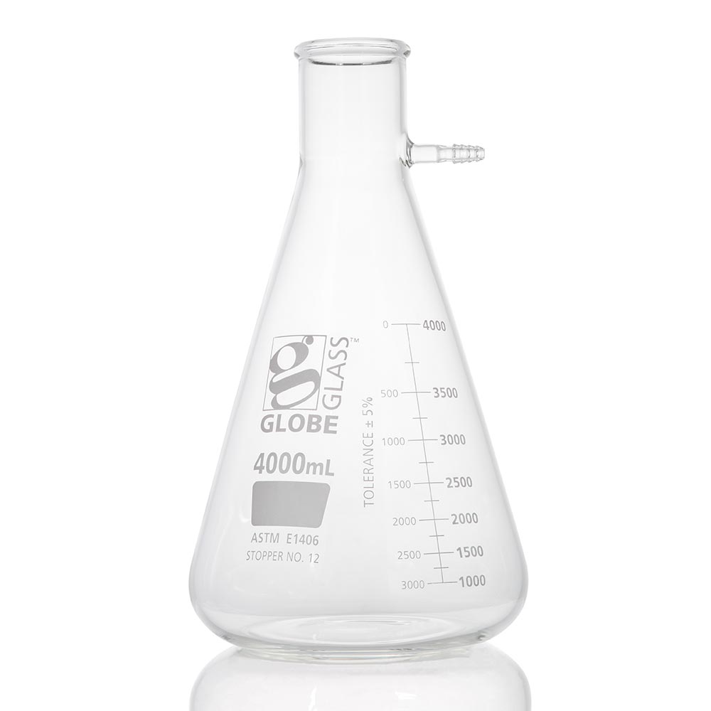 Globe Scientific Flask, Filter, Globe Glass, 4000mL, Dual Graduations, ASTM E1406, 1/Box Filter flask;4000ml filter flask;glass filter flask